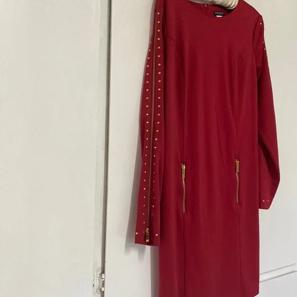 red dress gold zipper Blood red leather dress with zippers main image 1